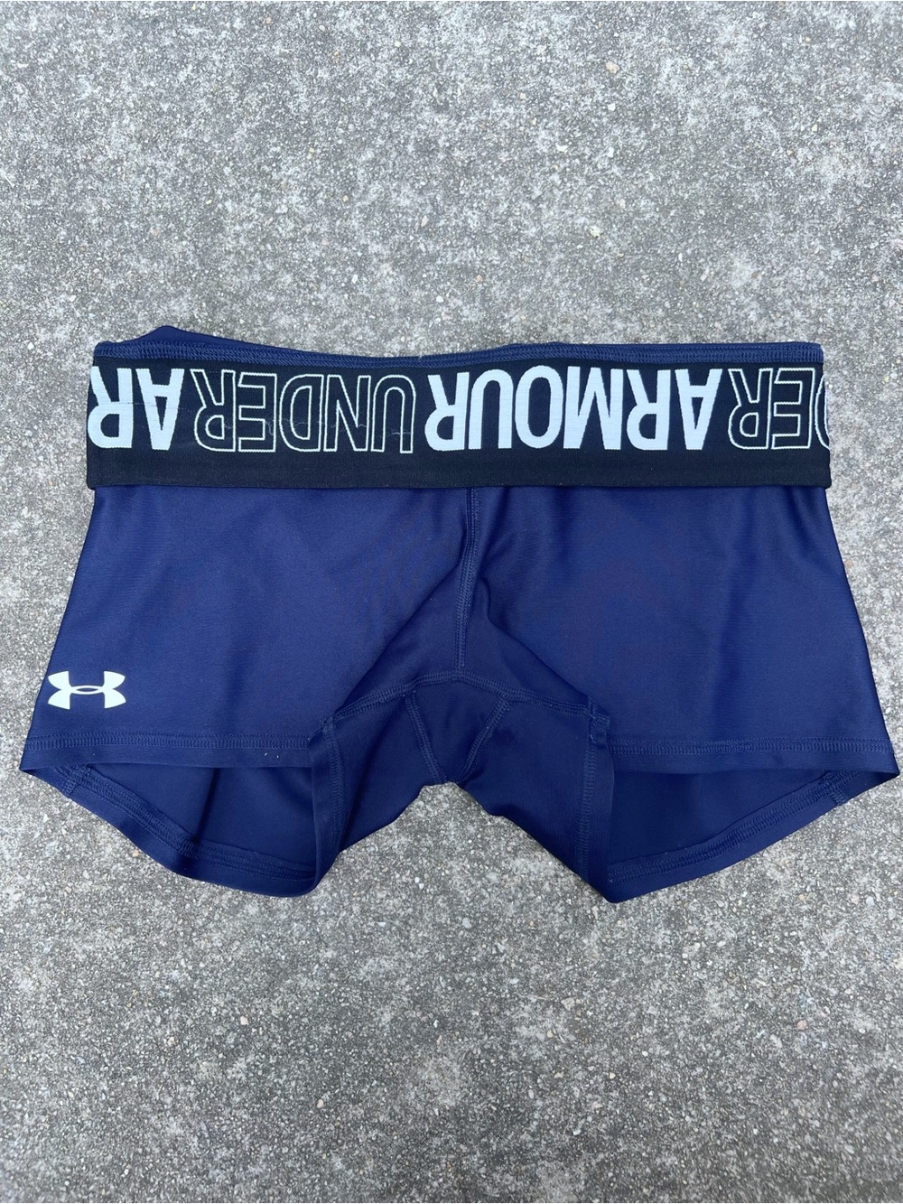 Under Armour Navy Blue Compression Spandex Shorts Logo Waistband Size Large